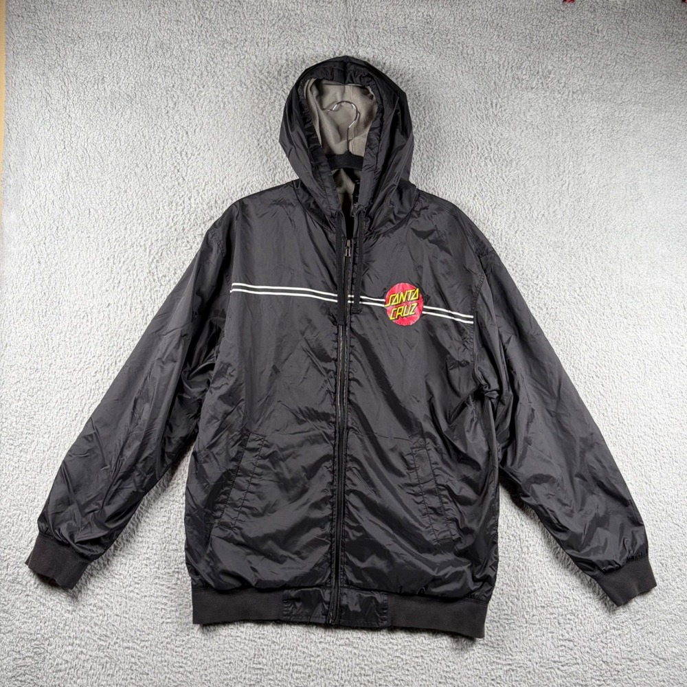Santa Cruz Skateboards Mens Large Black Fleece Lined Hooded Windbreaker Jacket